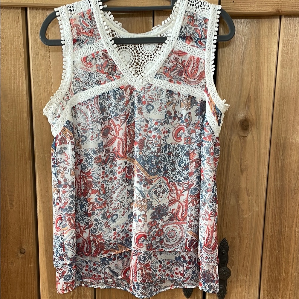 Anthropologie Maeve Boho Chic Sleeveless Top with Lace Trim